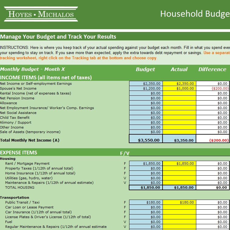 Household Budget Worksheet