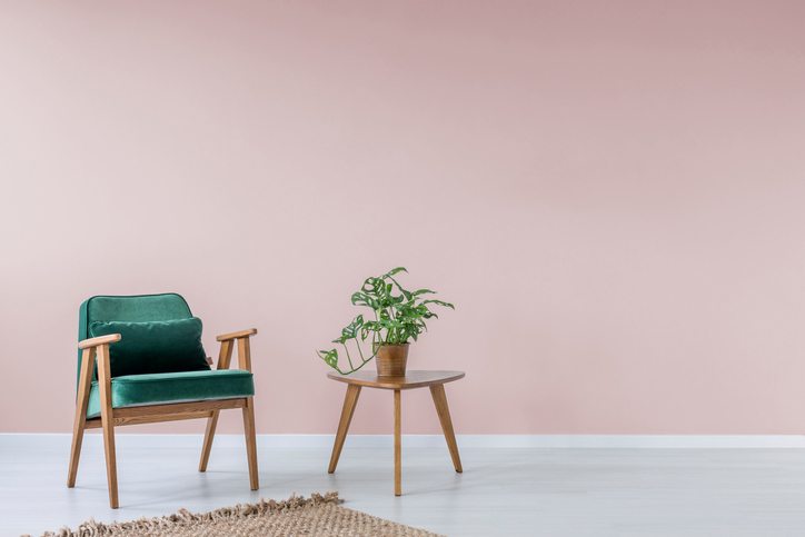 Pink room with green chair and plant