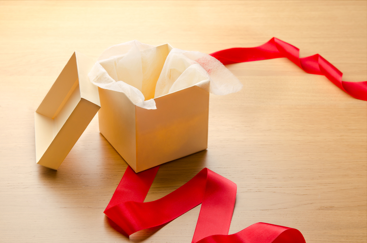 Unwrapped empty gift box and red ribbon