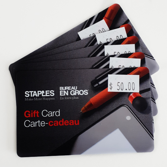 Five Staples gift cards arranged in a row