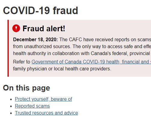 covid19 fraud page screenshot