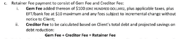 GEM Debt Law retainer fee payment
